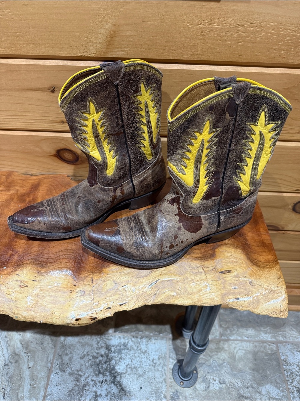 Women’s Johnny Ringo Brown Leather Western Boots with Yellow Stitching/ wax drip